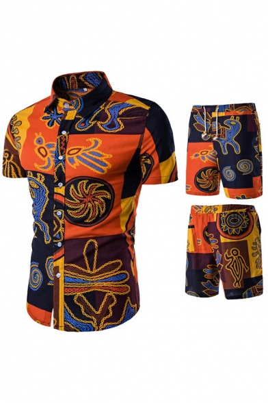 Retro Men's Set Tribal Print Short Sleeve Turn-down Collar Shirt with Drawstring Waist Shorts Set