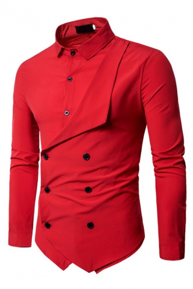 Retro Mens Shirt Plain Point Collar Slim Fit Wrap Detail Long Sleeve Double Breasted Shirt