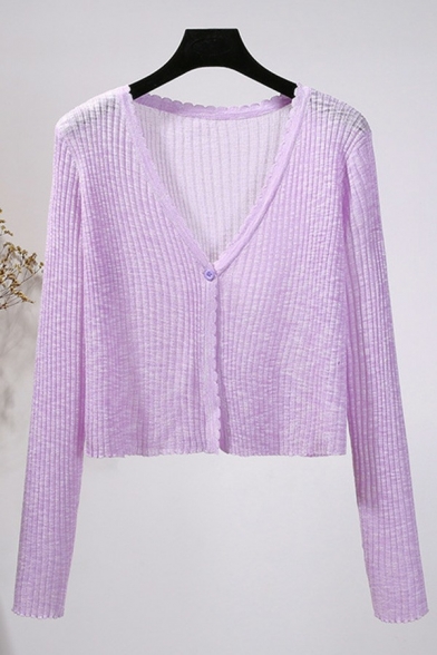 Simple Ladies Sweater Plain V Neck One Button Long Sleeve Cropped Cardigan