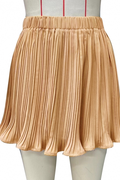 Simplicity Pleated Skirt Solid Color Elastic Waist A-Line Midi Skirt for Women