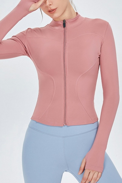Sporty Womens Fitness Jacket Solid Color Mock Neck Zipper Down Slim Fit Yoga Jacket with Fingerless Gloves Sleeve