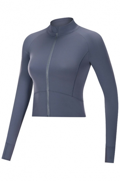 Sporty Womens Jacket Plain Zipper Fly Stand Collar Long Sleeve Cuff Hole Skinny Workout Jacket
