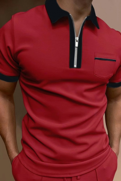 Trendy Men's Polo Shirt Contrast Trim Zip Short Sleeve Slim Fit Chest Pocket Polo Shirt