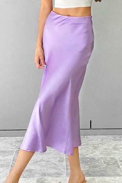 Trendy Womens Satin Skirt Pure Color High Rise A-Line Midi Skirt