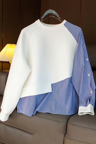 Trendy Womens Sweatshirt Striped Patchwork Round Neck Long Sleeve Sweatshirt