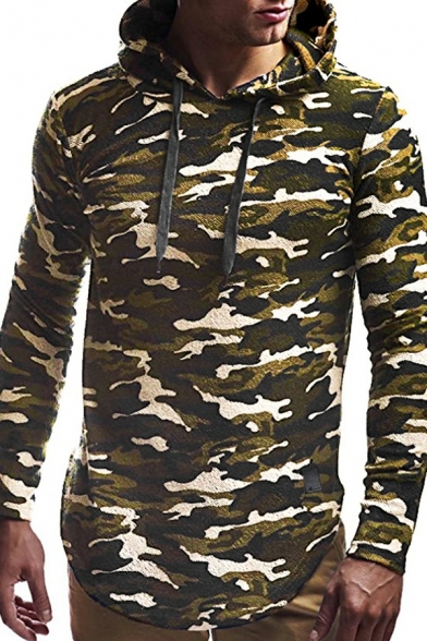 Vintage Mens Hoodie Camouflage Pattern Long-Sleeved Skinny Hooded Drawstring Hoodie