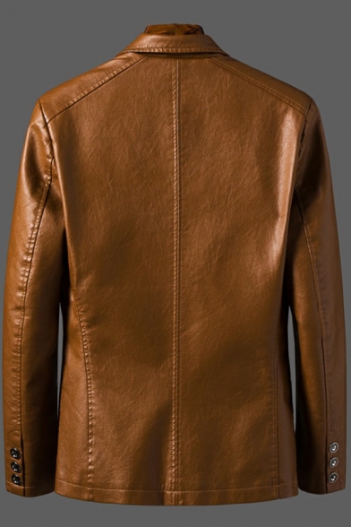 Vintage Plain Mens Jacket Lapel Collar Pocket Detail Button Closure Fitted Leather Jacket