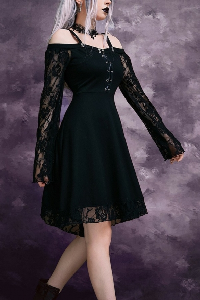 Vintage Womens Dress Plain Lace Sweetheart Neckline Hollow Long Sleeve Mini A-Line Dress