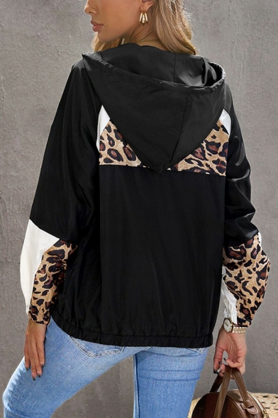 Vintage Womens Hoodie Leopard Patchwork Half Zip Drawstring Long Sleeve Hoodie