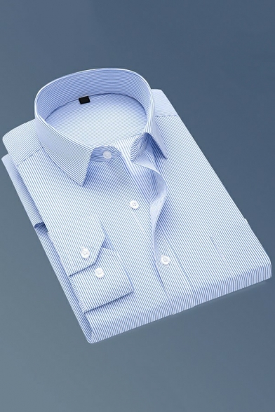 Basic Mens Shirt Stripe Pattern Long Sleeve Turn-down Collar Regular Fit Button Shirt