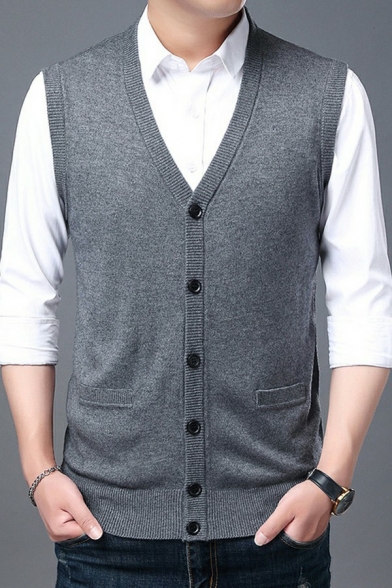 Casual Sweater Vest Solid Color V-Neck Button Closure Regular Fit Knitted Vest for Men