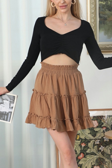 Casual Womens Cotton Skirt High Elastic Waist Solid Color Ruffles Detail A-Line Mini Skirt
