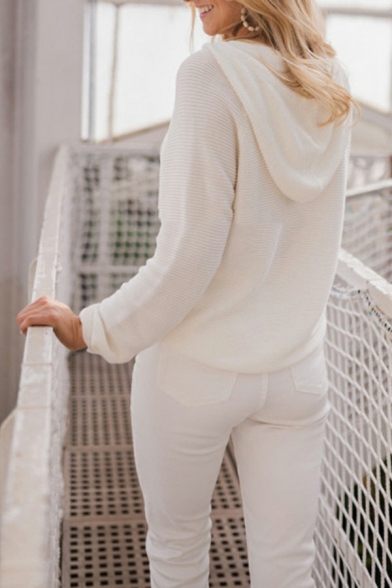 Casual Womens Hooded Sweater Solid Color Drawstring Button Detail Long Sleeve Loose Fit Knit Top