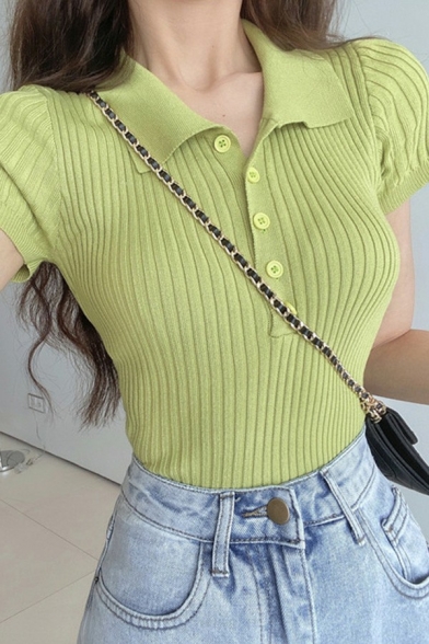 Chic Ladies Polo Shirt Spread Collar Solid Color Slim Fit Short-Sleeved Knit Polo Shirt