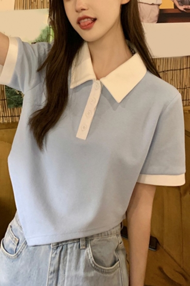 Classic Womens Polo Shirt Contrast Trim Turn Down Collar Asymmetric Hem Short Sleeve Polo Shirt
