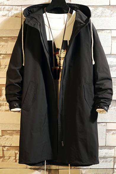 Dashing Guys Coat Plain Drawstring Hooded Long Sleeves Loose Fitted Zipper Trench Coat