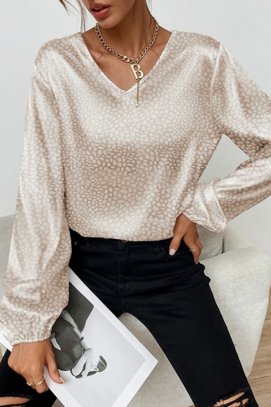 Fashion Womens V Neck Shirt Leopard Pattern Puff Sleeve Loose Fit Satin Shirt