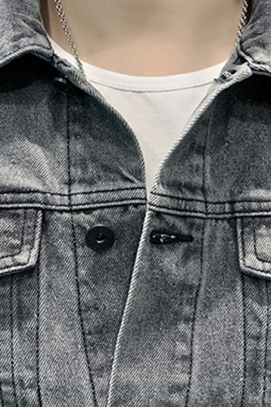 Guy's Novelty Jacket Plain Flap Pocket Regular Long Sleeves Spread Collar Denim Jacket