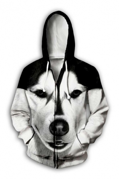 Guys Boyish Hoodie 3D Dog Pattern Drawstring Pocket Long Sleeve Fitted Zip down Hoodie