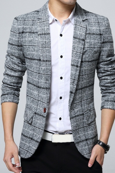 Hot Guys Suit Plaid Print Slimming Pocket Lapel Collar Button Front Suit