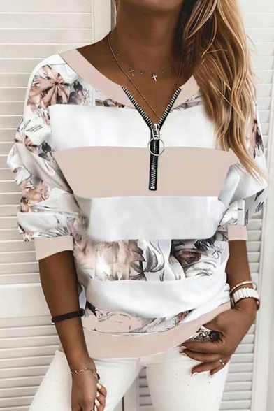 Hot Womens Sweatshirt Floral Print Fitted Long-Sleeved Round Collar 1/2 Zipper Sweatshirt