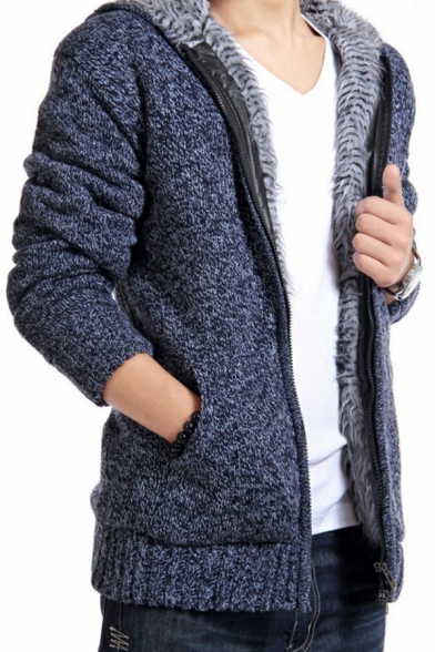 Men's Popular Fleece Knit Cardigan Long Sleeve Zip Closure Plain Fitted Knit Cardigan with Hood