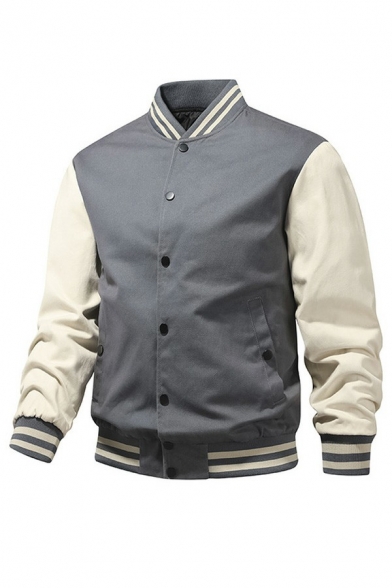 Modern Jacket Contrast Color Button Fly Side Pocket Raglan Sleeve Baseball Jacket for Guys