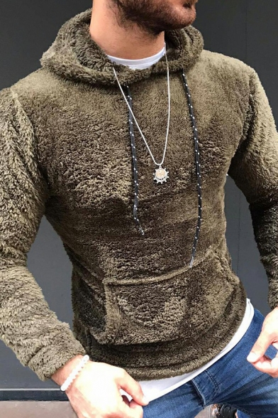 Modern Mens Drawstring Hoodie Pure Color Long-Sleeved Fleece Pocket Detail Rib Cuffs Loose Fit Hoodie
