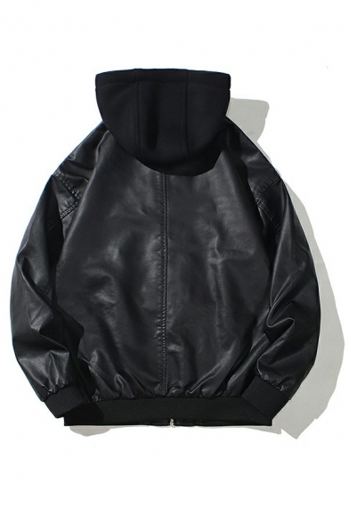 Modern Plain Mens Jacket Pocket Detail Zip Closure Fitted Leather Jacket with Hood