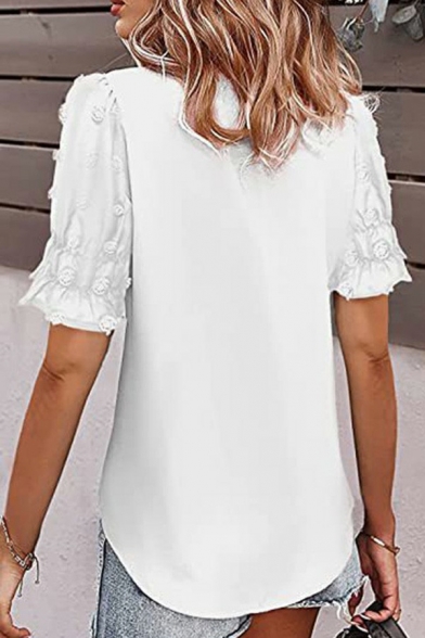 Modern Womens Chiffon Blouses Solid Color V Neck Short Sleeve Knit Dot Detail Regular Fit Shirt