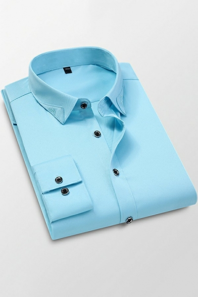 Simple Mens Shirt Plain Turn-Down Collar Single Breasted Long Sleeve Shirt
