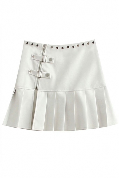 Street Look Womens PU Skirt Studded Solid Color Zipper Up Pleated A-Line Skirt