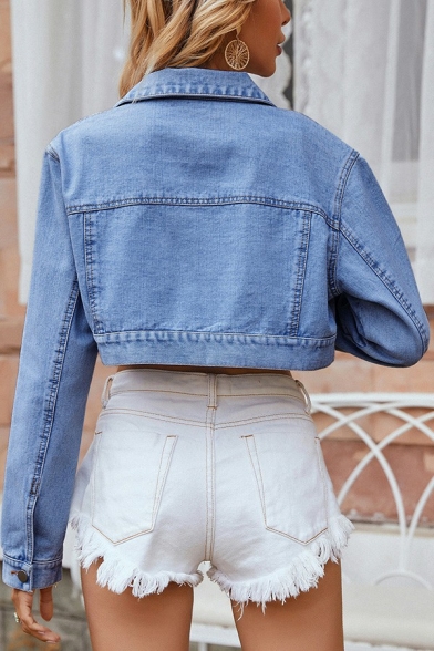 Stylish Cropped Denim Jacket Turn Down Collar Button Fly Loose Fit Denim Jacket for Women