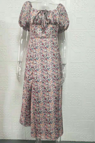 Stylish Ladies Dress Flowers Printed Square Neck Bow Short Puff Sleeve Split Maxi Flare Dress