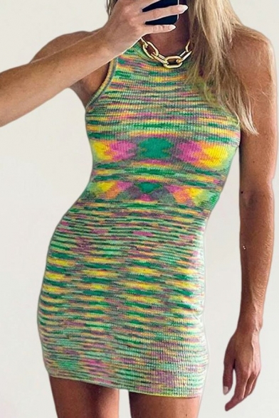 Trendy Womens Dress Tie-Dyed Crew Neck Sleeveless Mini Knit Dress