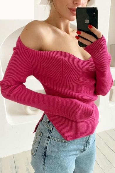 Unique Womens Knit Top Solid Color Sweetheart Neckline Slim Fit Long-Sleeved Knit Top