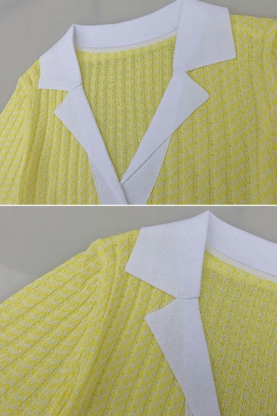 Vintage Ladies Knit Top Contrast Lapel Collar Chevron Pattern Short Sleeve Slim Fit Knit Top