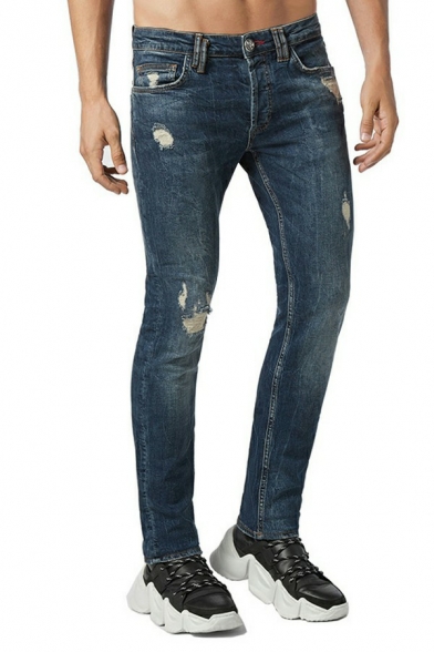 Vintage Mens Jeans Medium Wash Zipper Button Pocket Detail Distressed Design Slim Fitted Jeans