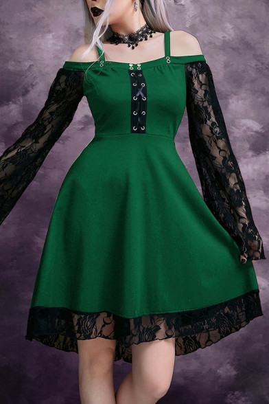 Vintage Womens Dress Plain Lace Sweetheart Neckline Hollow Long Sleeve Mini A-Line Dress