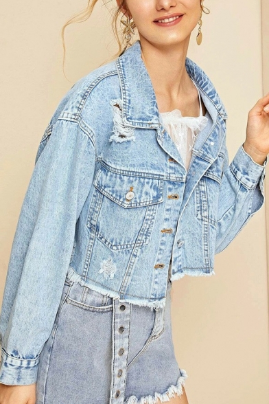Vintage Womens Jacket Faded Wash Raw Hem Spread Collar Button Up Distressed Ripped Loose Fit Denim Jacket