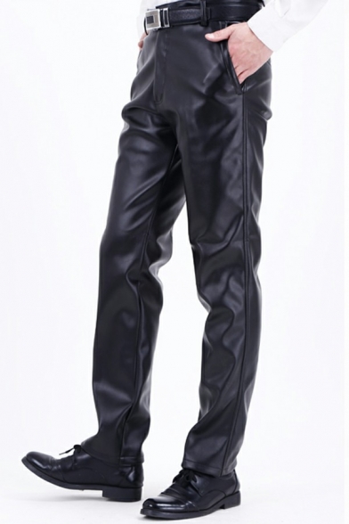 Casual Mens Pants Plain Zip Placket PU Leather Pocket Detail Mid Rise Full Length Regular Fit Pants in Black