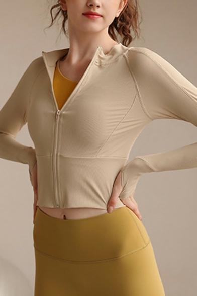 Comfortable Womens Jacket Plain Crew Neck Zipper Fly Long Sleeve Cuff Hole Skinny Yoga Jacket