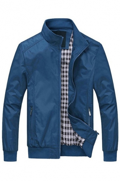 Cozy Guys Jacket Pure Color Front Pocket Zip Fly Stand Collar Rib Cuffs Jacket
