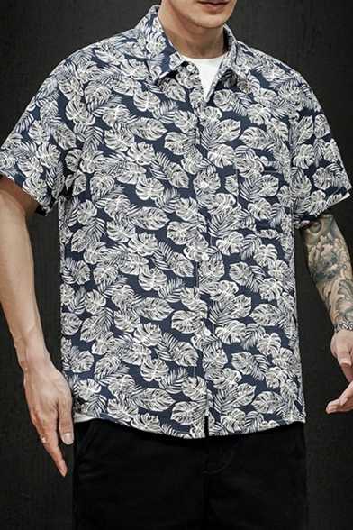 Fancy Mens Shirt Tropical Leaf Print Turn Down Collar Single Breasted Short Sleeve Shirt