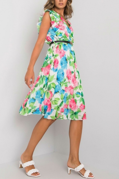Fancy Womens Dress Floral Print V-Neck Sleeveless Ruffle Midi Pleated Dress(Not including Belted）