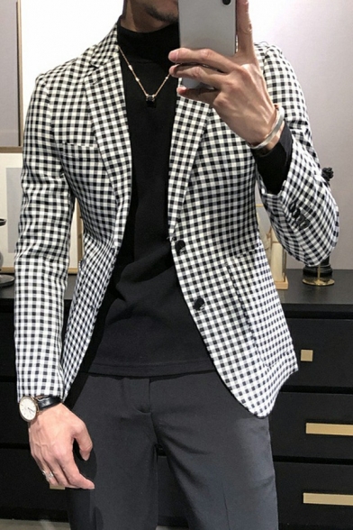 Guys Dashing Blazer Plaid Printed Long Sleeve Slim Lapel Collar Button Down Suit Blazer