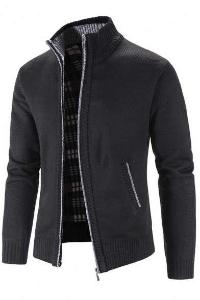 Guys Smart Cardigan Heathered Stand Collar Fleece Inner Pocket Zipper Ribbed Hem Cardigan