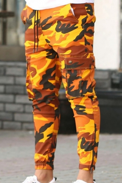 Guys Unique Pants Camo Pattern Ankle Tied Drawstring Waist Flap Pocket Slimming Pants