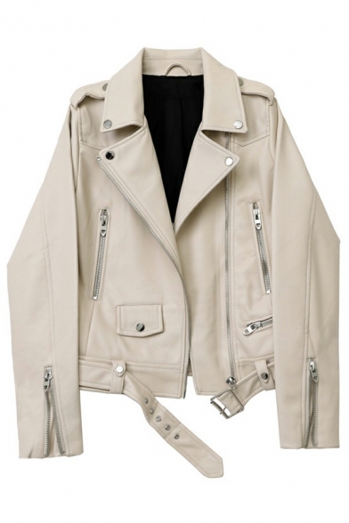 Leisure Womens PU Jacket Plain Notched Lapel Collar Zipper Up Slim Fit Belted PU Jacket