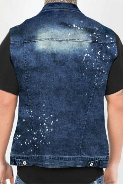 Modern Men's Jacket Zip Closure Washed Design Spread Collar Pocket Detail Denim Jacket